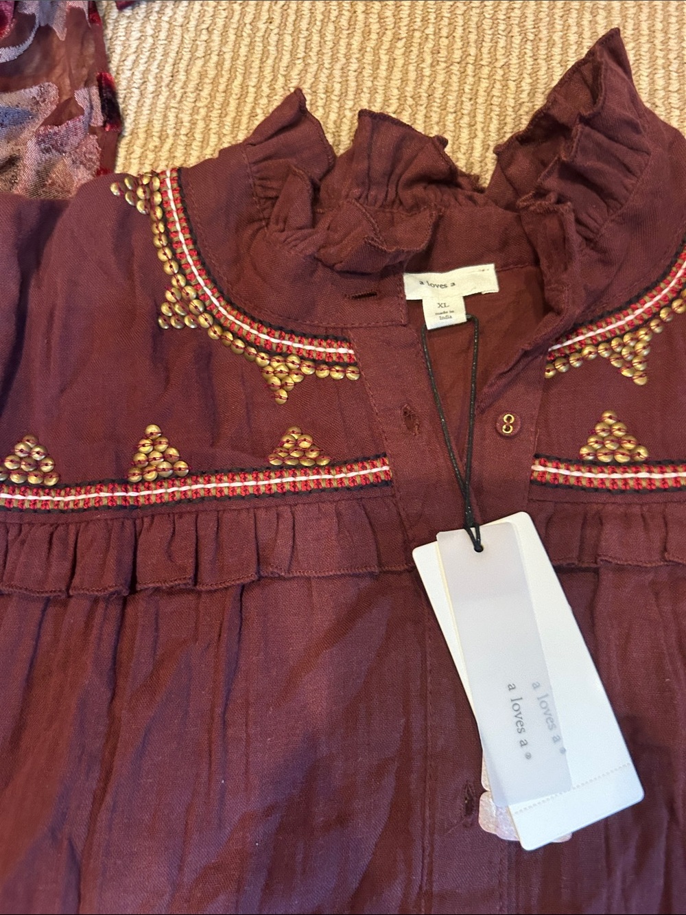 NWT A LOVES A Womens Embroidered Ruffle Collar Button-Down Top in Burgundy XL - Picture 5 of 12